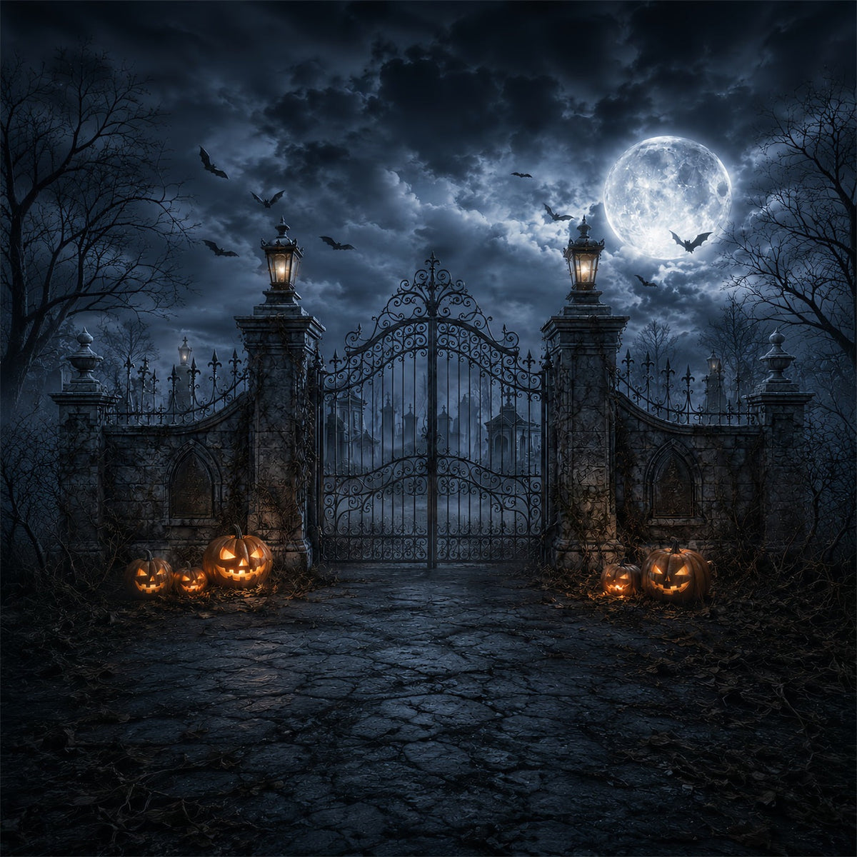 Halloween-Fotohintergrund-IdeenMondbeschienener Kürbis Friedhofstor Halloween-Fotohintergrund ZTT67-35