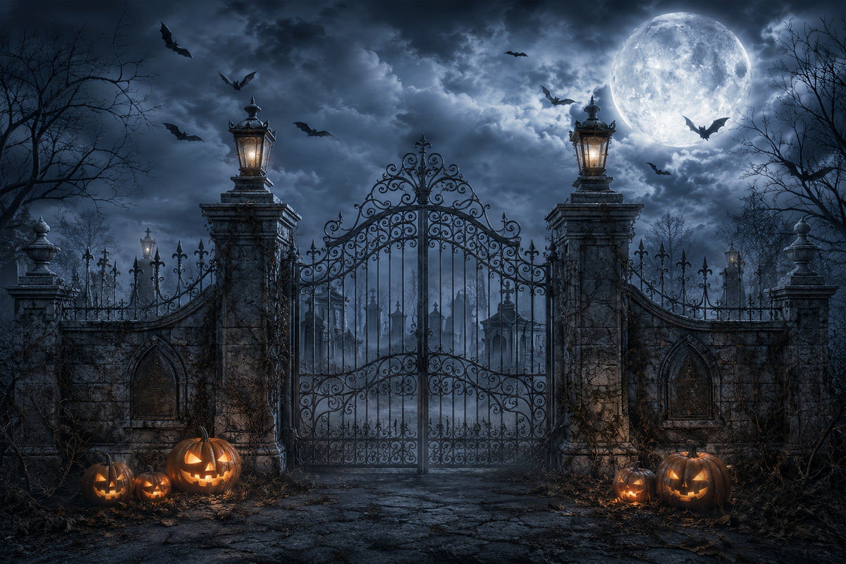 Halloween-Fotohintergrund-IdeenMondbeschienener Kürbis Friedhofstor Halloween-Fotohintergrund ZTT67-35