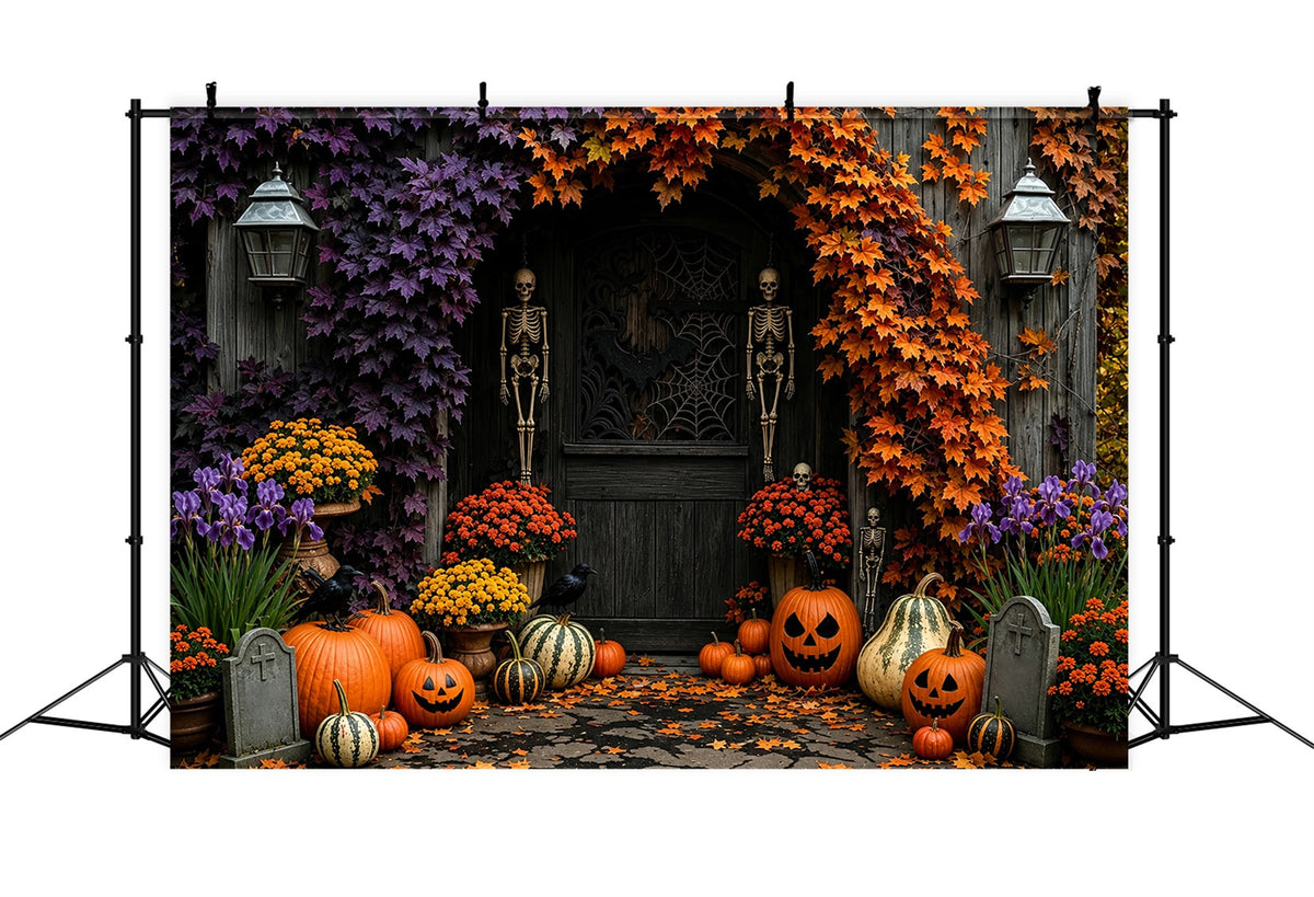 Herbstliche Halloween-Kulisse Mit Skelett Kürbis Blumen Und Türrahmen Gruselige Halloween-Kulissen ZTT67-37