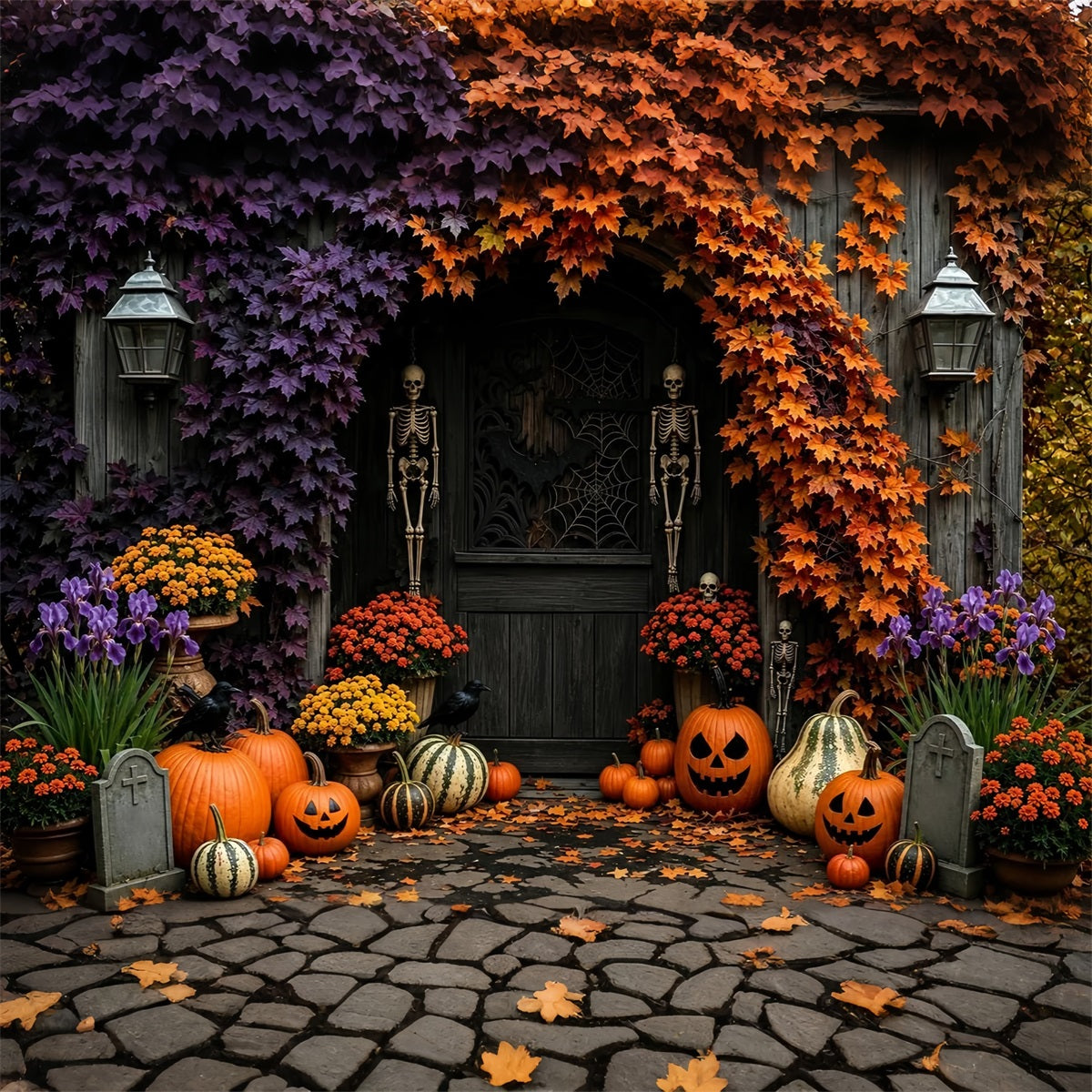 Herbstliche Halloween-Kulisse Mit Skelett Kürbis Blumen Und Türrahmen Gruselige Halloween-Kulissen ZTT67-37