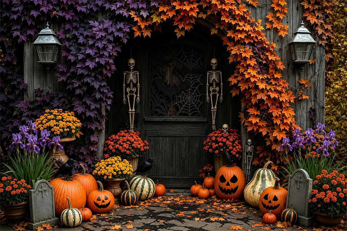 Herbstliche Halloween-Kulisse Mit Skelett Kürbis Blumen Und Türrahmen Gruselige Halloween-Kulissen ZTT67-37