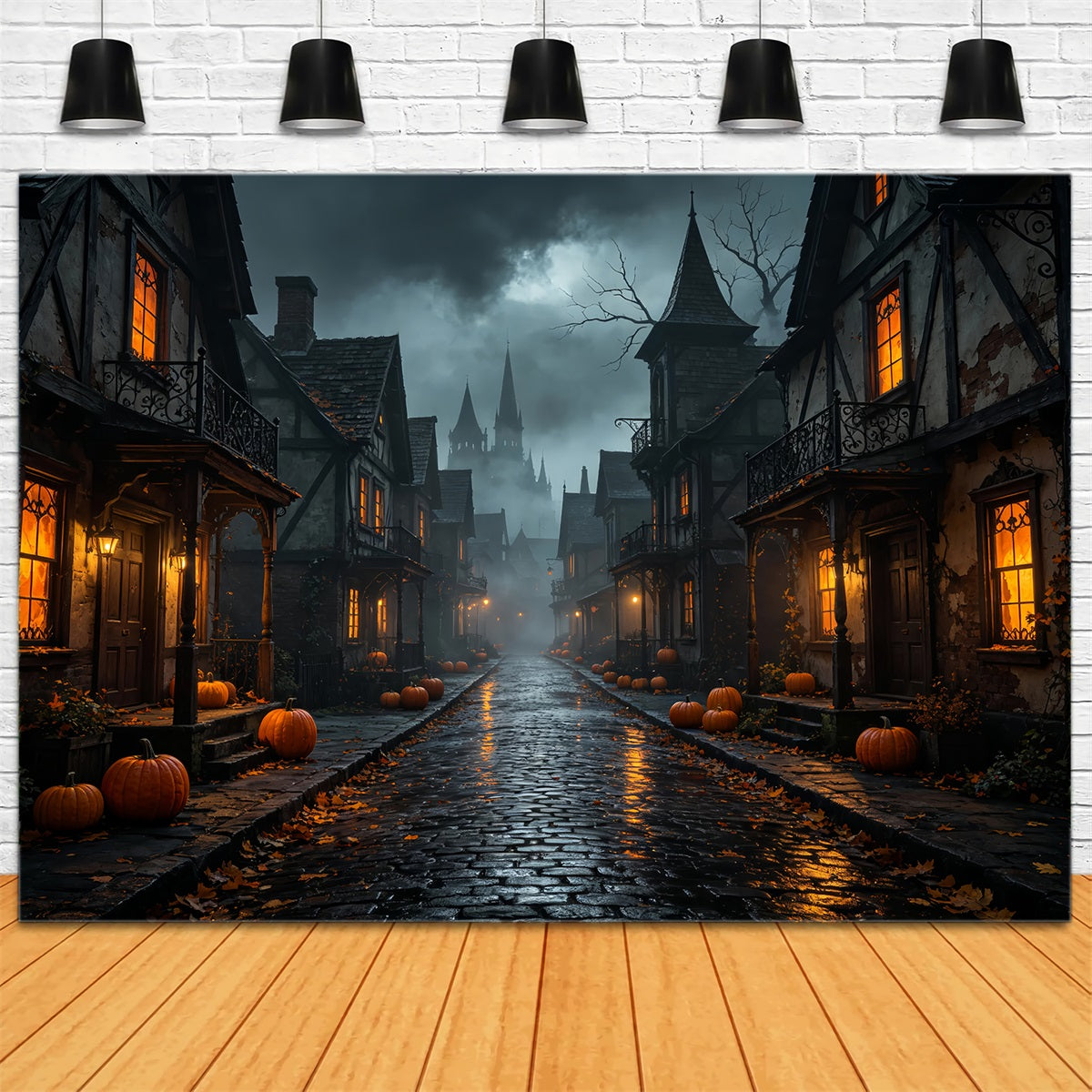 Halloween-Kulissen Aus Pappe Neblige Kürbis-Dorfstraße Halloween-Fotografie-Hintergrund ZTT67-39