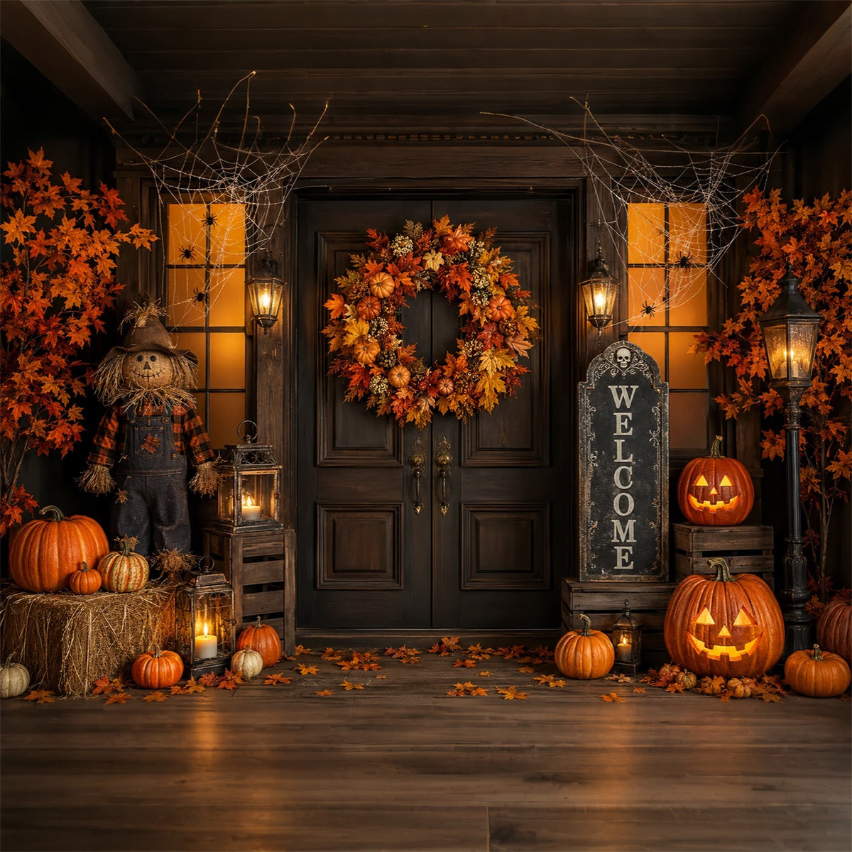Halloween-Fotohintergrund Kürbiskranz Vogelscheuche Veranda-Hintergründe Halloween ZTT67-4