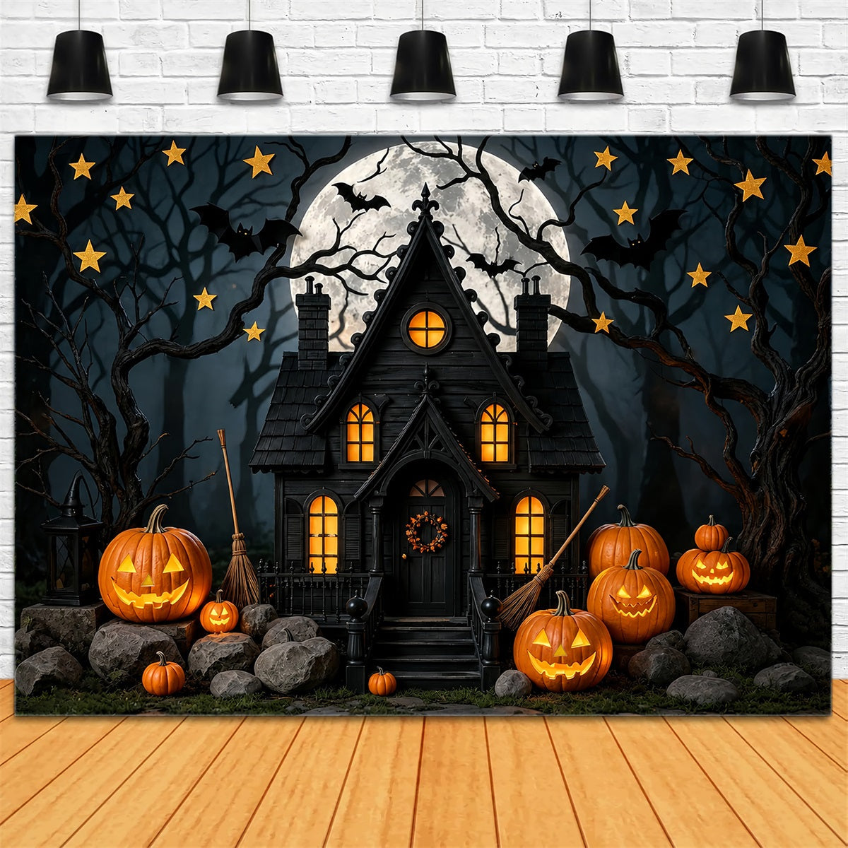 Halloween-Fotohintergrund Für Die FotoboxMondbeschienener Kürbis Spukhaus Niedlicher Halloween-Hintergrund ZTT67-43