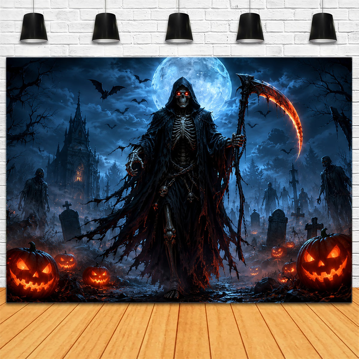 Halloween-Garage-Kulisse Mit Mondbeschienenem Sensenmann Und Kürbissen Für Halloween ZTT67-45