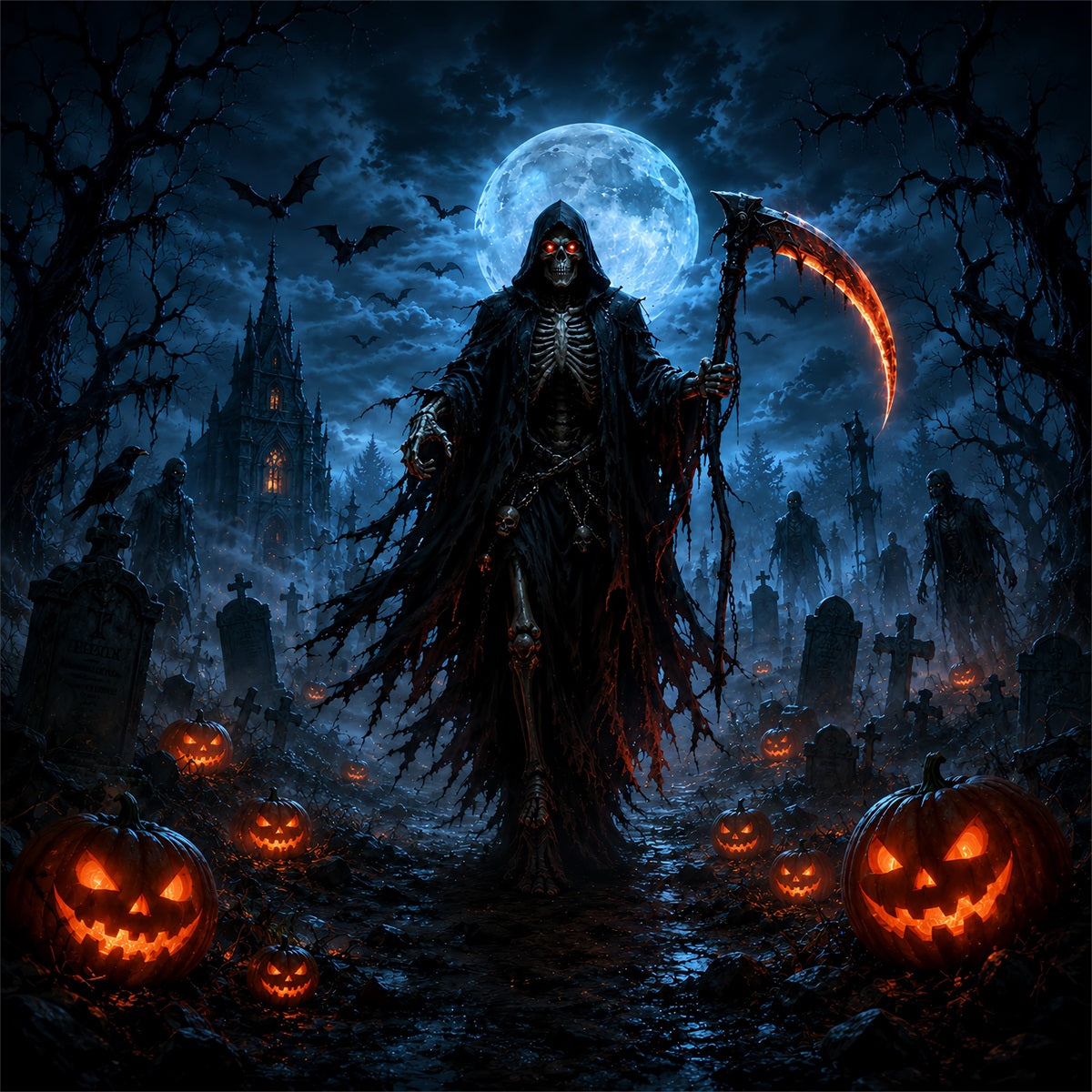 Halloween-Garage-Kulisse Mit Mondbeschienenem Sensenmann Und Kürbissen Für Halloween ZTT67-45