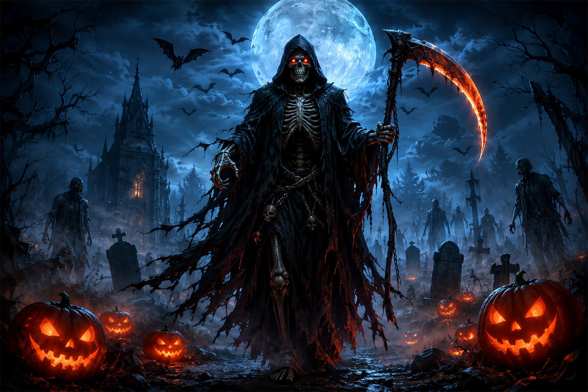 Halloween-Garage-Kulisse Mit Mondbeschienenem Sensenmann Und Kürbissen Für Halloween ZTT67-45