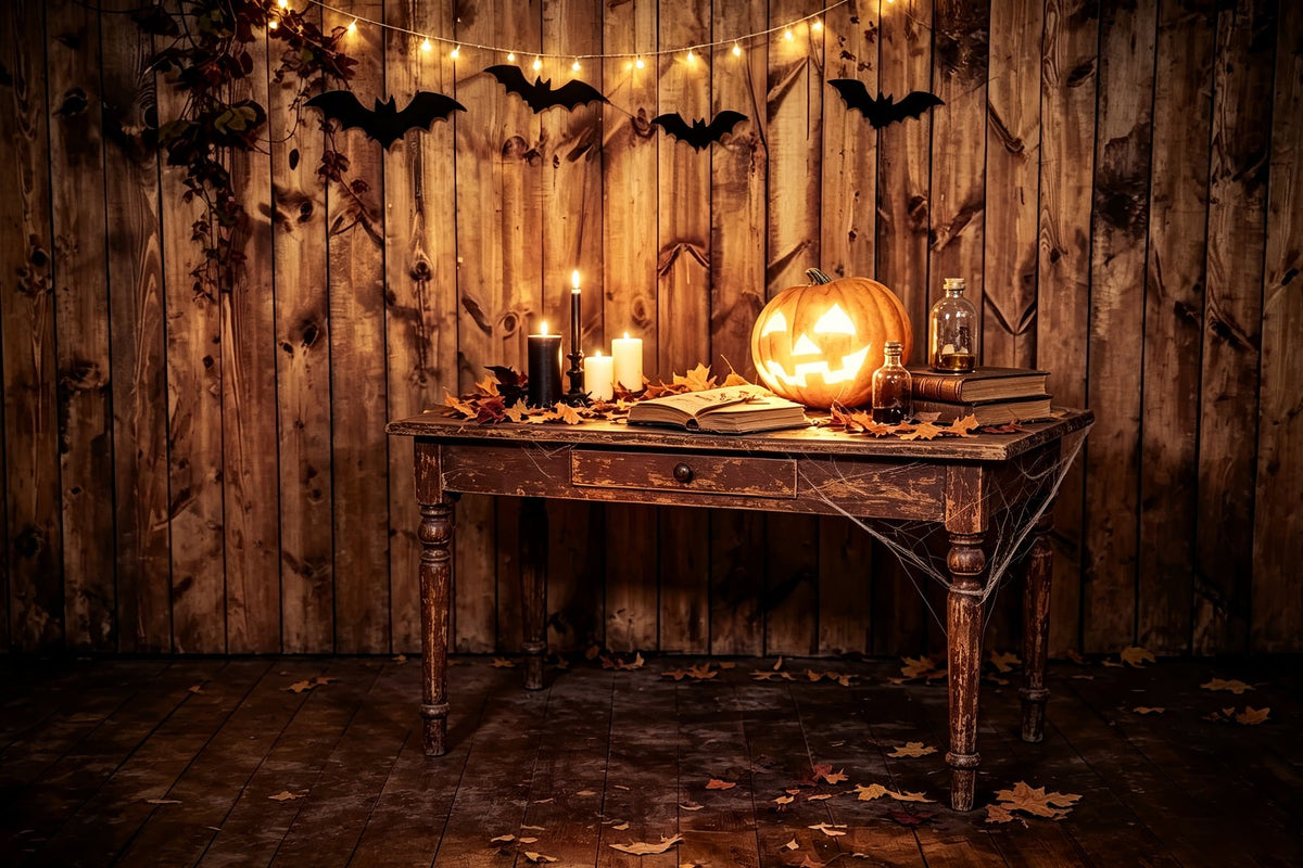 Halloween-Fotohintergrund Rustikaler Kürbis-Kerzentisch Halloween-Geburtstagshintergrund ZTT67-46