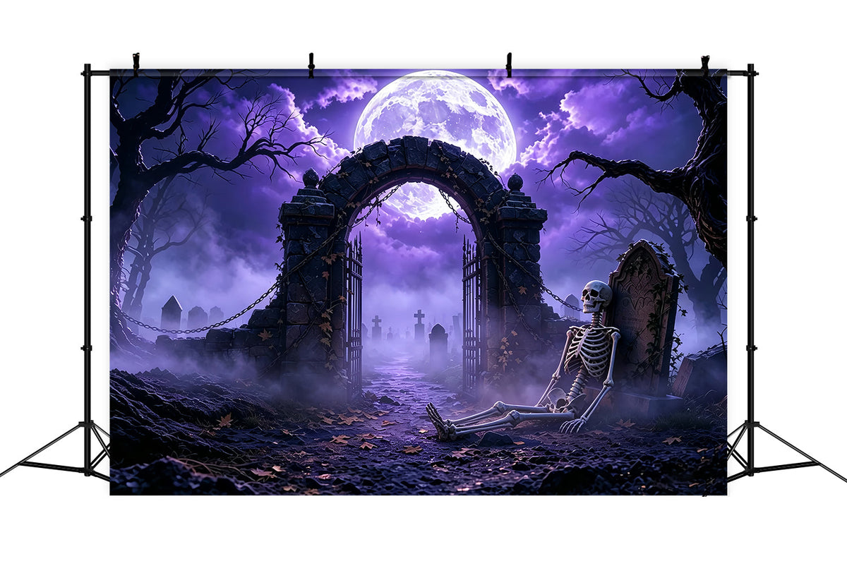 Gruselige Halloween-HintergrundideenLila Mond Skelett Friedhof Halloween-Fotoshooting-Hintergrund ZTT67-48