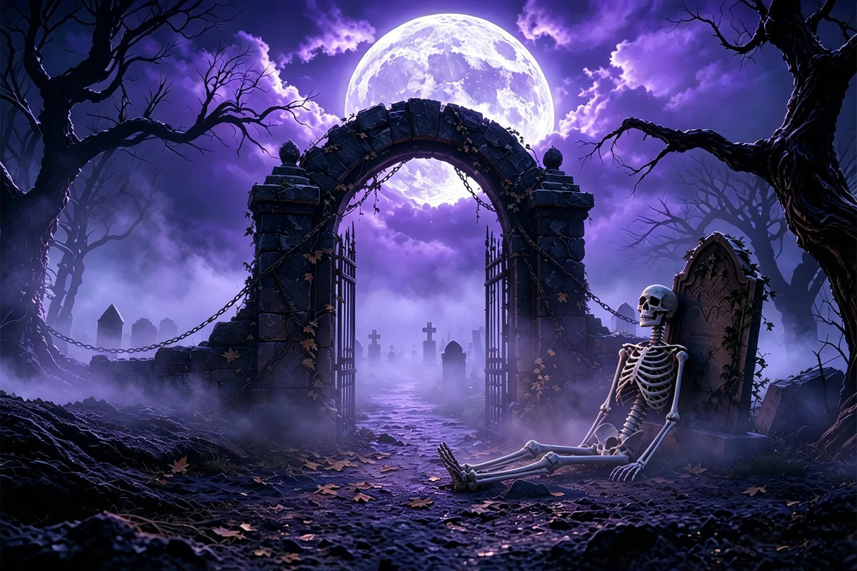 Gruselige Halloween-HintergrundideenLila Mond Skelett Friedhof Halloween-Fotoshooting-Hintergrund ZTT67-48