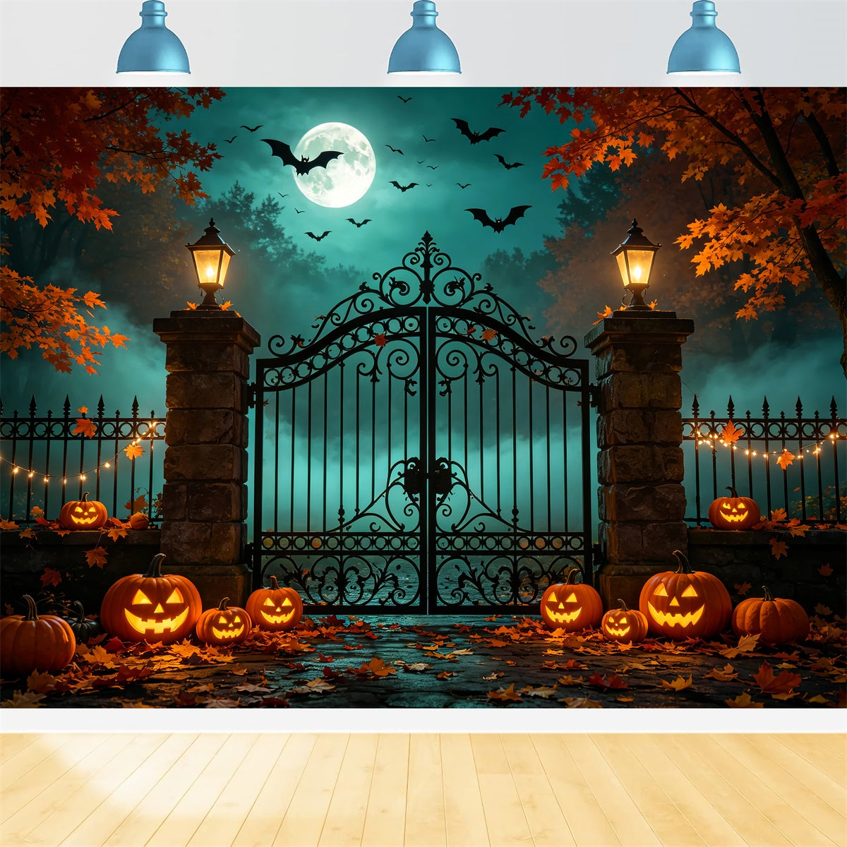 Halloween-Hintergrund Mit Kürbissen Und Fledermäusen Herbstliches Eisentor Diy-Halloween-Fotokabinen-Hintergrund ZTT67-53