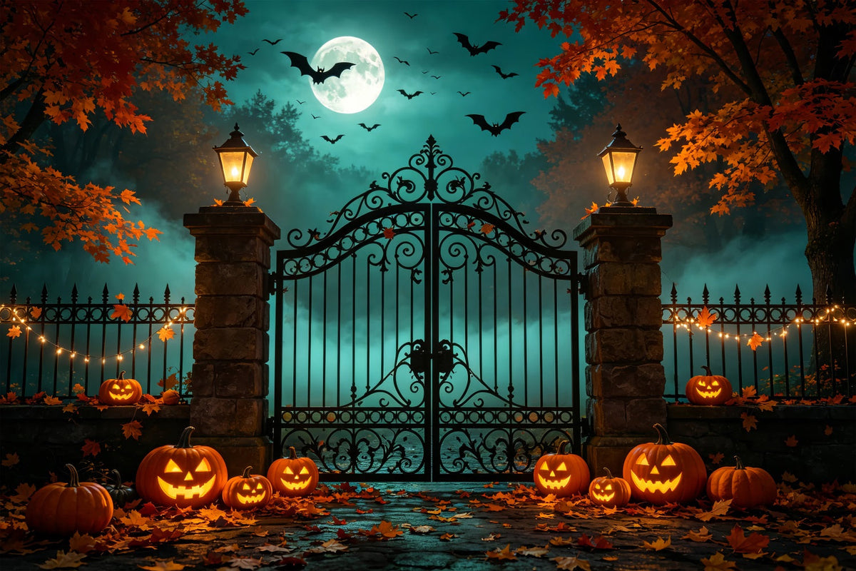 Halloween-Hintergrund Mit Kürbissen Und Fledermäusen Herbstliches Eisentor Diy-Halloween-Fotokabinen-Hintergrund ZTT67-53