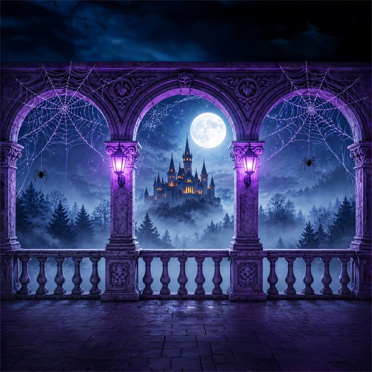 Hintergrund Spinne Lila Spinnwebe Schloss Balkon Halloween Hintergrund Fotografie ZTT67-54