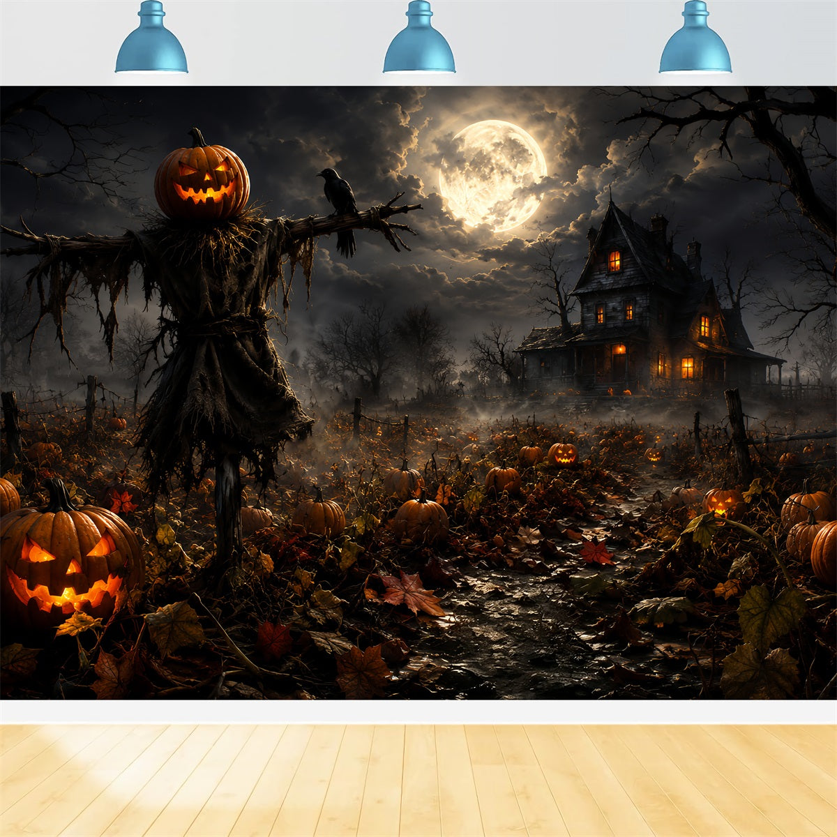 Kürbisbeet-Hintergrund Mondbeschienene Vogelscheuche Bauernhaus-Halloween-Hintergrundideen Zum Selbermachen ZTT67-58