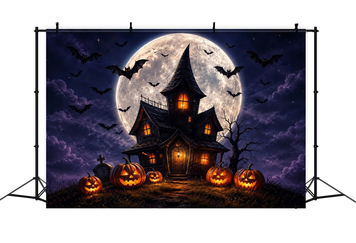 Hexenhöhle-Kulisse Mondbeschienener Kürbis Spukhaus Halloween-Szene Hintergrund ZTT67-60