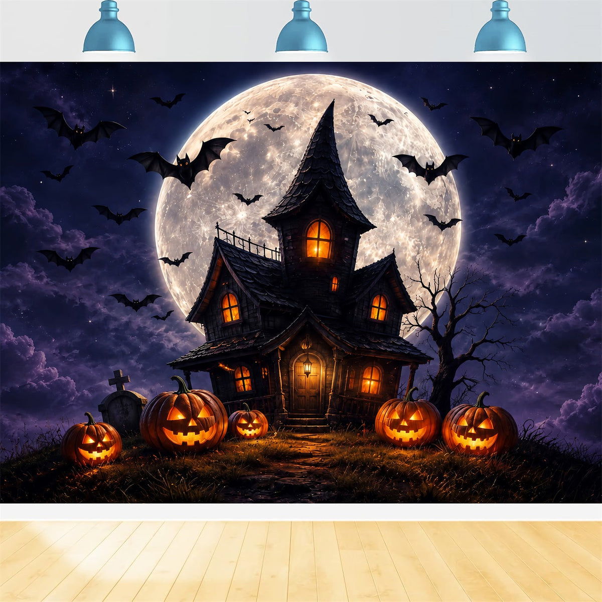 Hexenhöhle-Kulisse Mondbeschienener Kürbis Spukhaus Halloween-Szene Hintergrund ZTT67-60