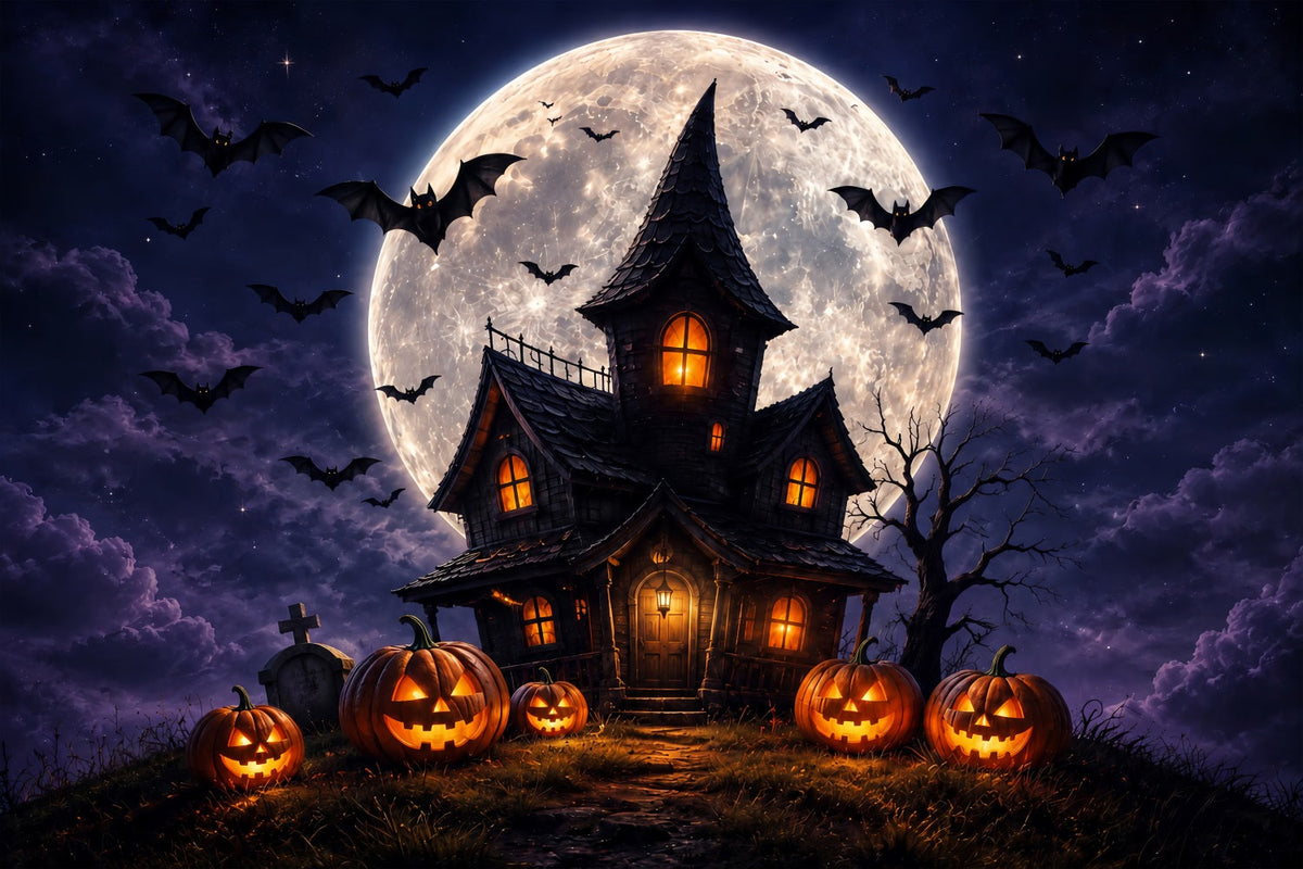 Hexenhöhle-Kulisse Mondbeschienener Kürbis Spukhaus Halloween-Szene Hintergrund ZTT67-60