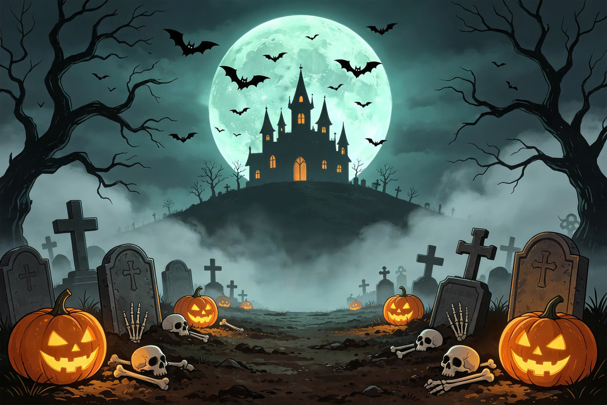Vampir-Hintergründe Mondbeschienene Burg Friedhofsweg Gruselige Halloween-Fotohintergründe ZTT67-61