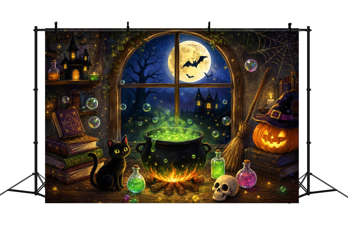 Hexenküchen-Hintergrund Mondbeschienene Hexenkesselhütte Einfacher Halloween-Hintergrund ZTT67-62
