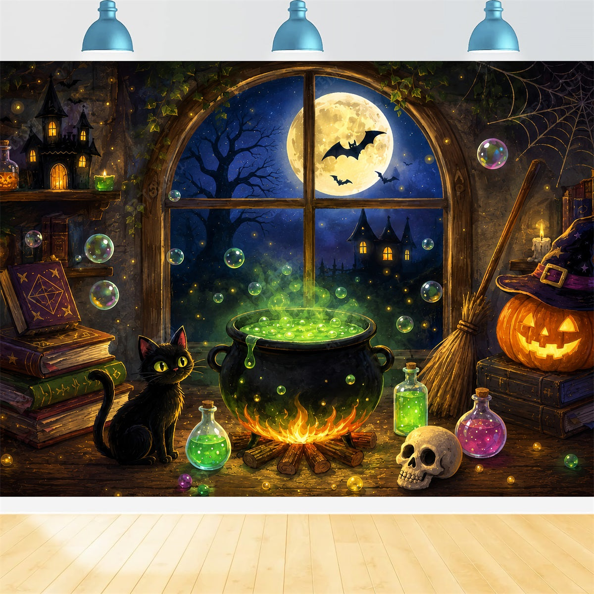 Hexenküchen-Hintergrund Mondbeschienene Hexenkesselhütte Einfacher Halloween-Hintergrund ZTT67-62