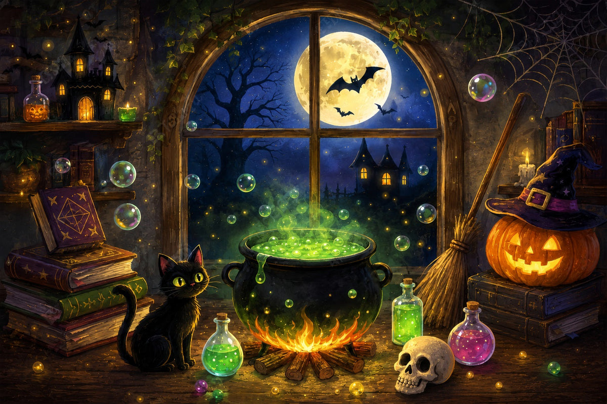 Hexenküchen-Hintergrund Mondbeschienene Hexenkesselhütte Einfacher Halloween-Hintergrund ZTT67-62