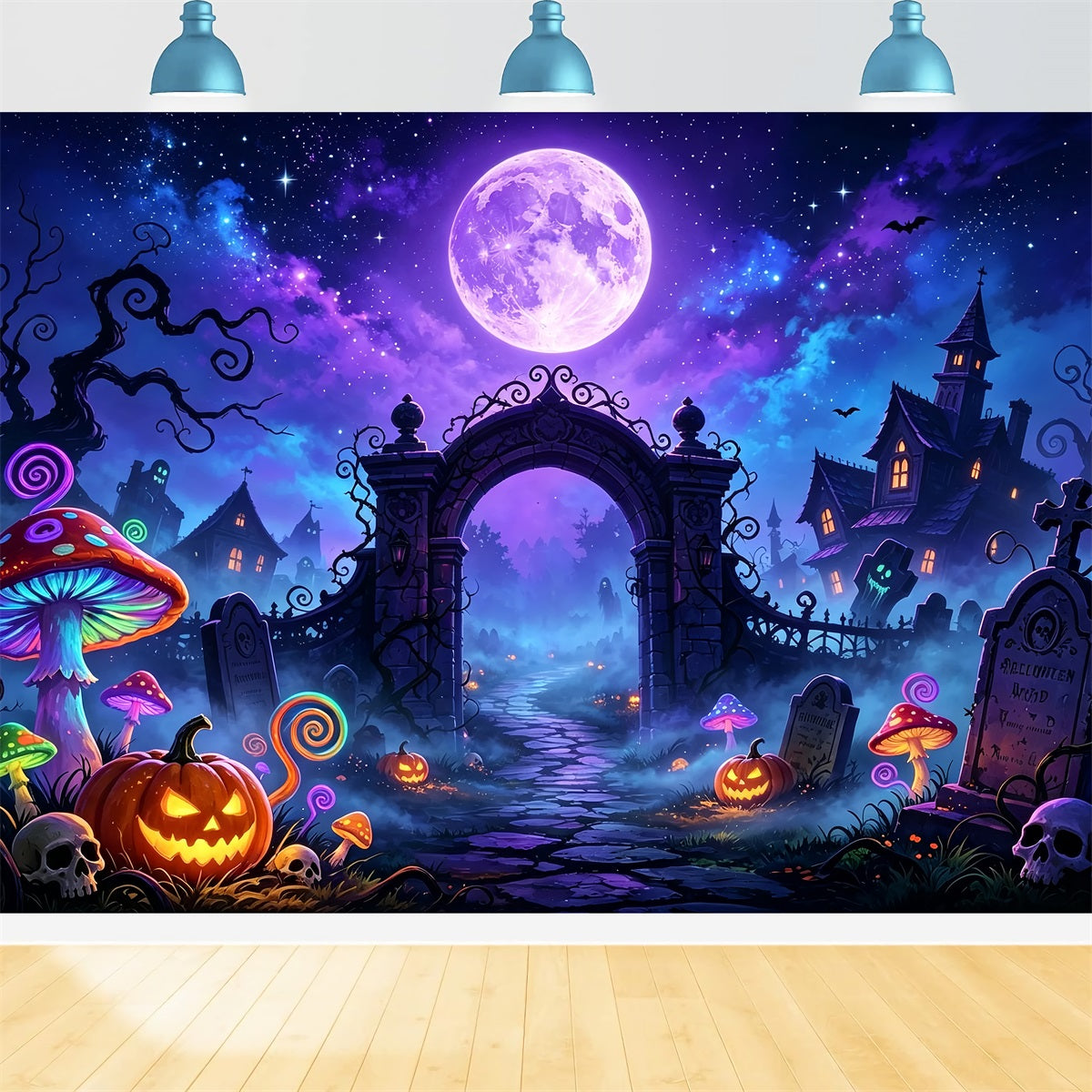 Fledermaushöhlen-Hintergrund Neonmond Pilzfriedhof-Halloween-Hintergrund Für Kinder ZTT67-64