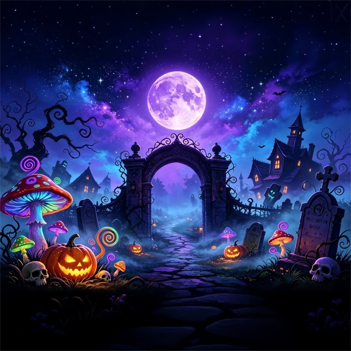 Fledermaushöhlen-Hintergrund Neonmond Pilzfriedhof-Halloween-Hintergrund Für Kinder ZTT67-64