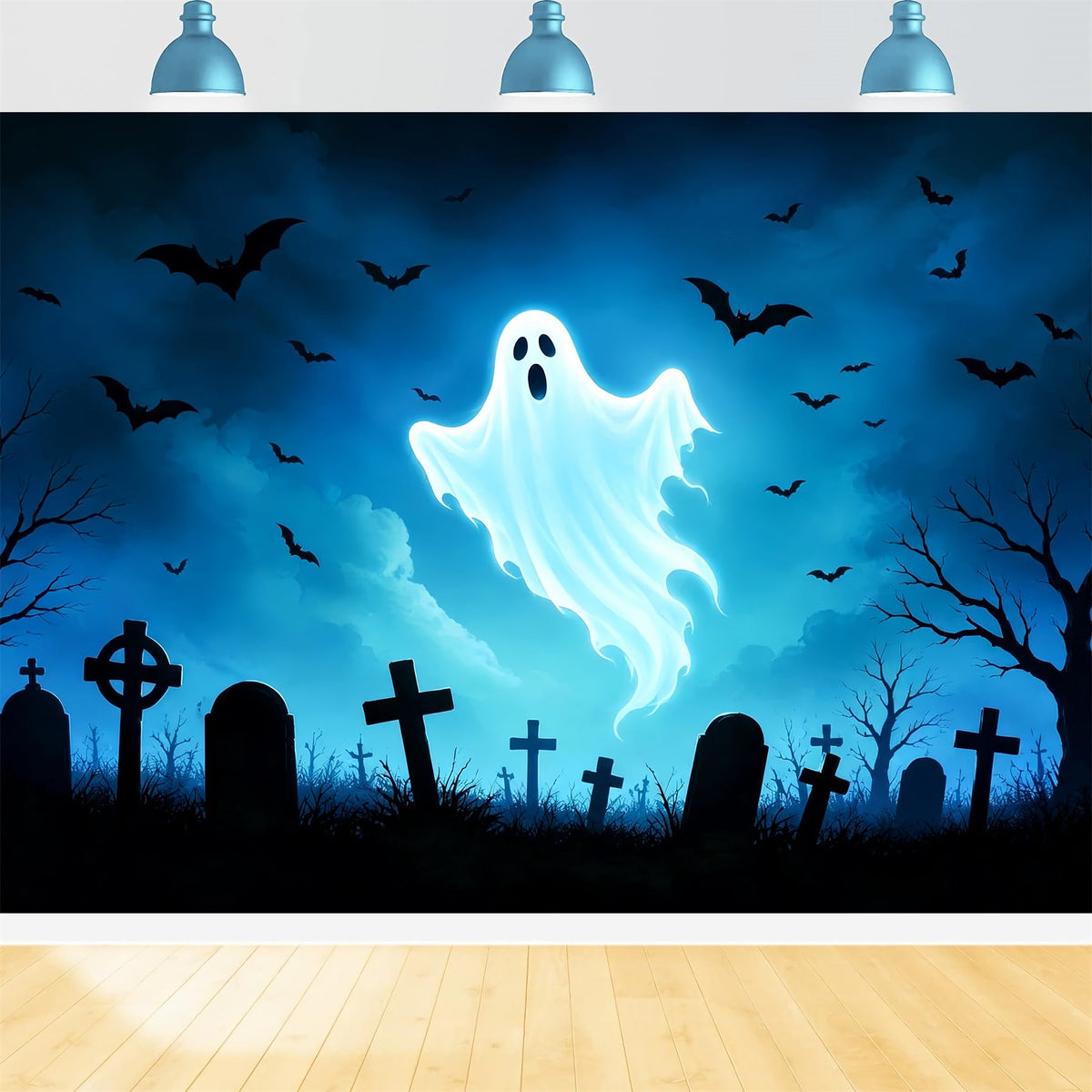 Geister-Buntglas-Hintergrund Leuchtender Geister-Fledermaus-Friedhof Coole Halloween-Hintergründe ZTT67-66