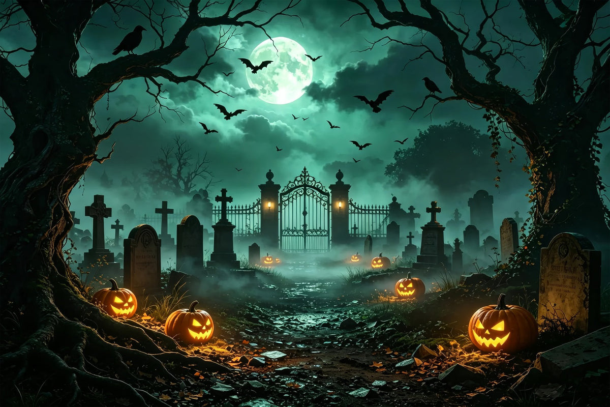 Halloween-Hintergrund Mit Hund Mondbeschienenem Kürbis Friedhofstor Ostergrab-Hintergrund ZTT67-67