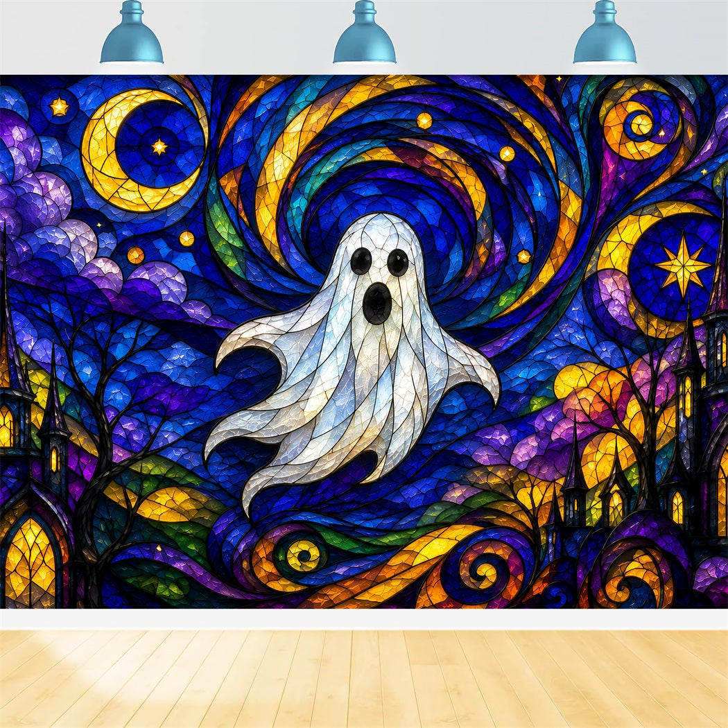 Geister-Buntglas-Hintergrund Wandteppich Mondlicht Niedlicher Geist Fotokabine Halloween-Fotokabinen-Hintergrund ZTT67-68