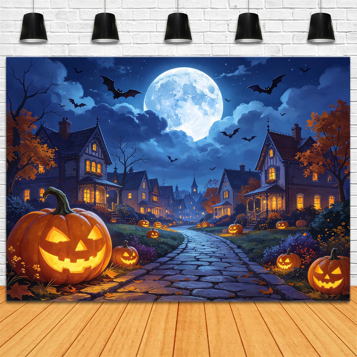 Fotohintergründe Halloween Mondbeschienene Kürbisdorfstraße Halloween-Stadt-Hintergrund ZTT67-7