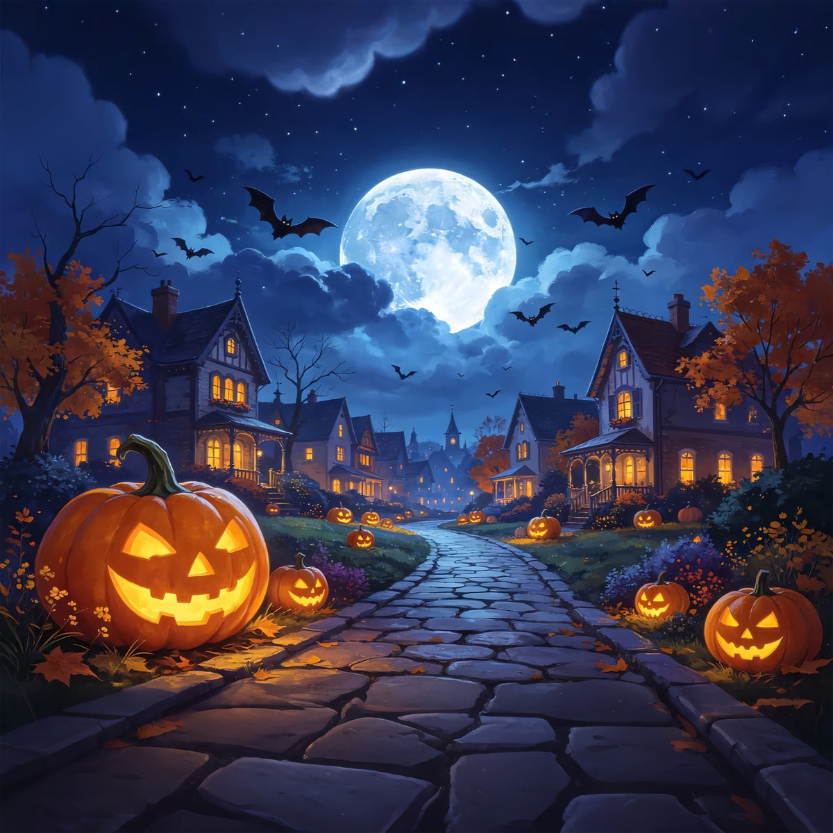 Fotohintergründe Halloween Mondbeschienene Kürbisdorfstraße Halloween-Stadt-Hintergrund ZTT67-7