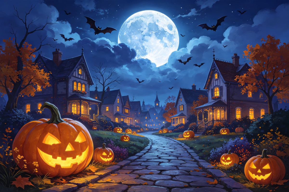 Fotohintergründe Halloween Mondbeschienene Kürbisdorfstraße Halloween-Stadt-Hintergrund ZTT67-7