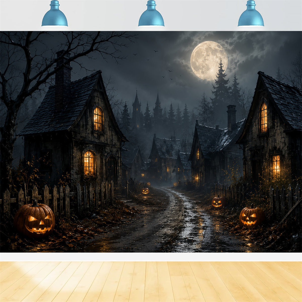 Hintergrund Geister-Buntglas Mondlicht Kürbis Dorfstraße Lemax Spooky Town Hintergrund ZTT67-70