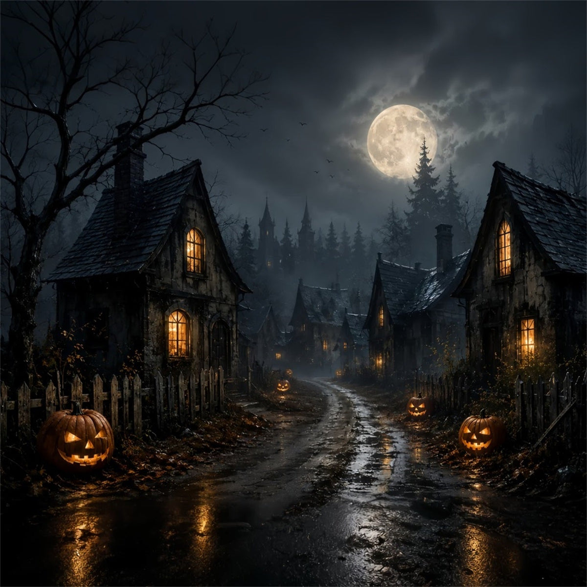 Hintergrund Geister-Buntglas Mondlicht Kürbis Dorfstraße Lemax Spooky Town Hintergrund ZTT67-70