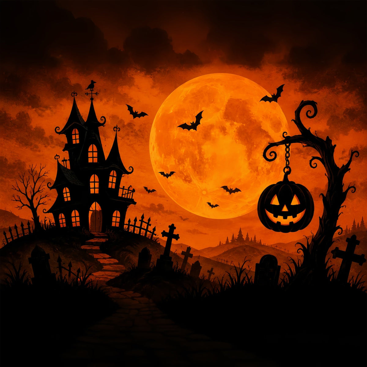 Halloween-Fotohintergründe Orange Moon Haunted Mansion Halloween-Zirkus-Hintergrund ZTT67-9