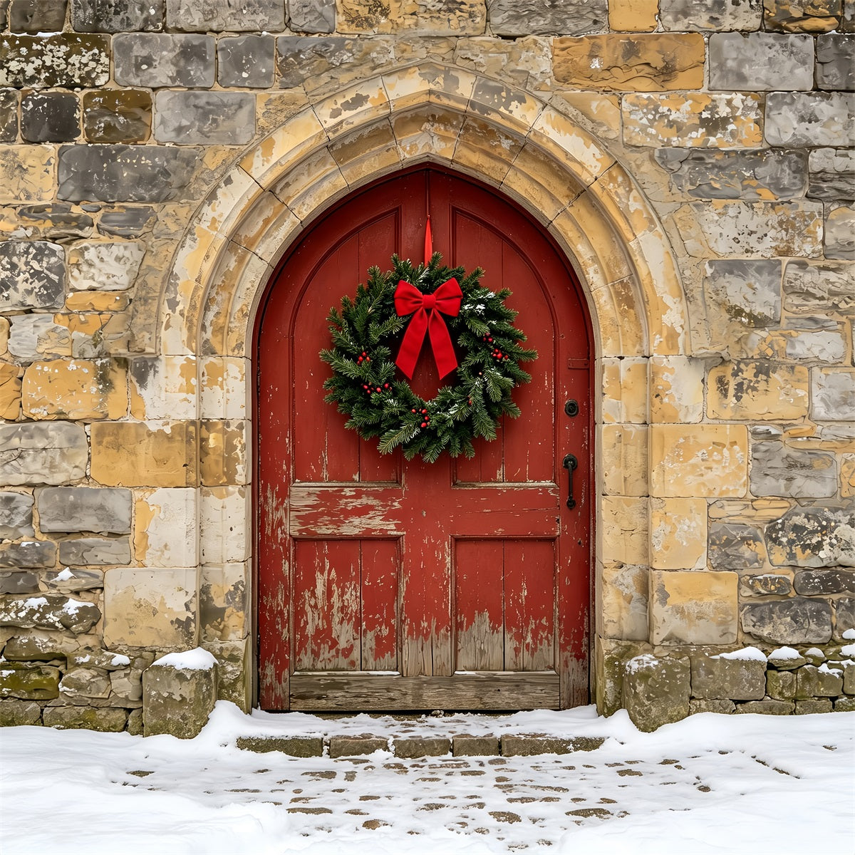 Weihnachtskulisse In Der Kirche Rustikale Steinbogentür Weihnachts-Fotohintergründe ZTT69-10