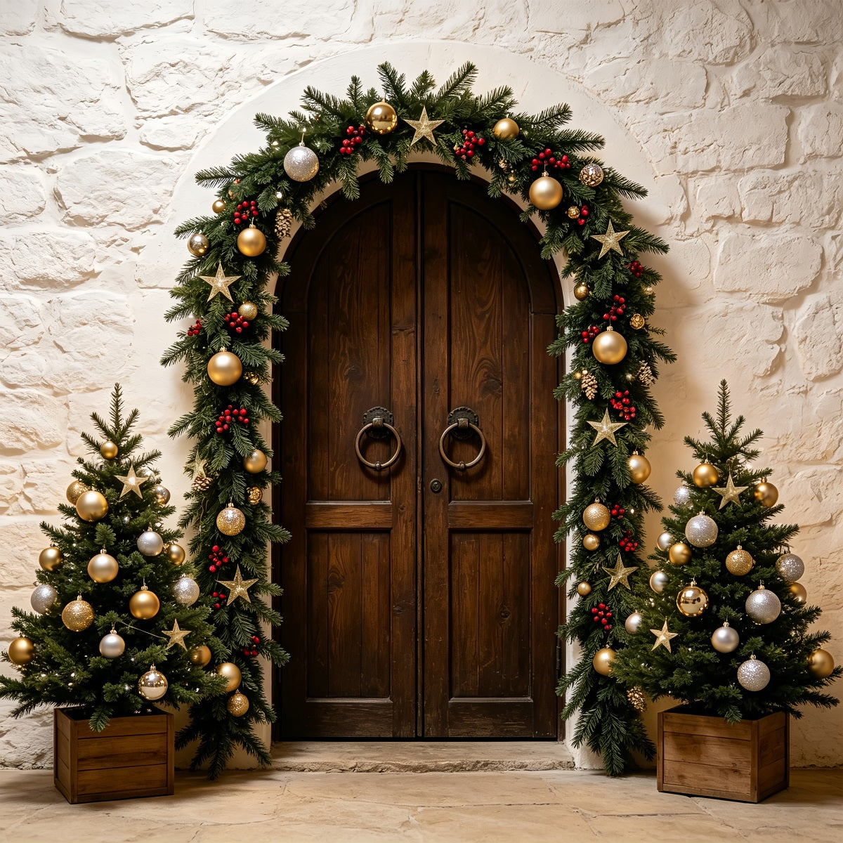 Einfacher Weihnachtshintergrund Steinbogen-Girlandeneingang Weihnachtsfotohintergrund ZTT69-14
