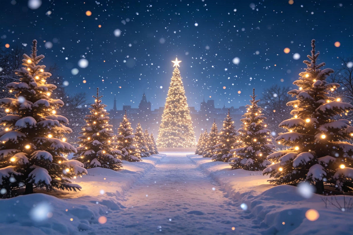Weihnachtsbaum-Hintergrund Lichtpfad Im Verschneiten Wald Weihnachts-Fotohintergründe ZTT69-15