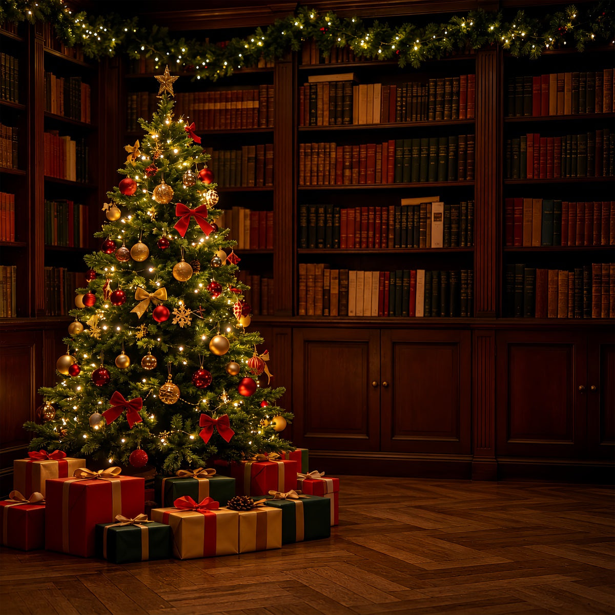 Weihnachtskulisse Für Den Innenbereich Dunkle Bibliotheksbaumecke Professionelle Weihnachtskulissen ZTT69-18