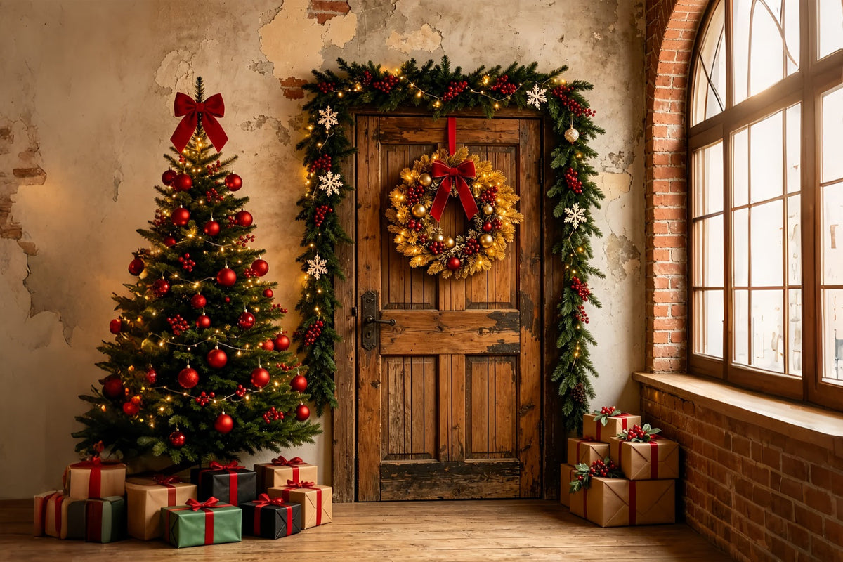 Weihnachtskulisse Rustikaler Türkranz Für Den Eingang Weihnachtswand-Hintergrund ZTT69-2