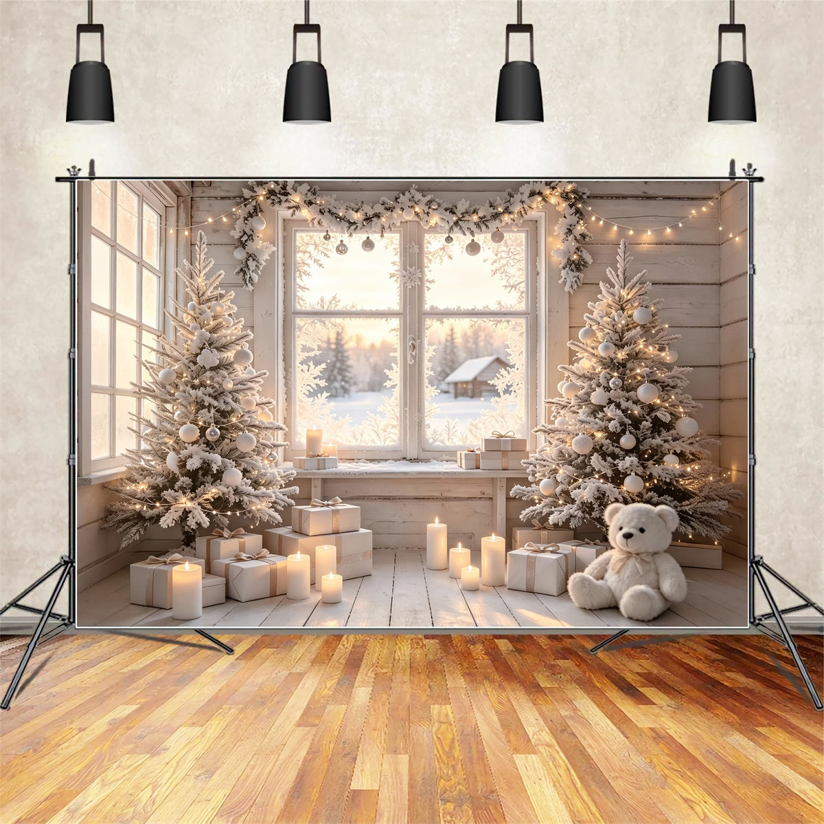 Weihnachtshütten-Kulisse Zimmer Mit Weißem Mattiertem Fenster Weihnachtsfotohintergrund ZTT69-20