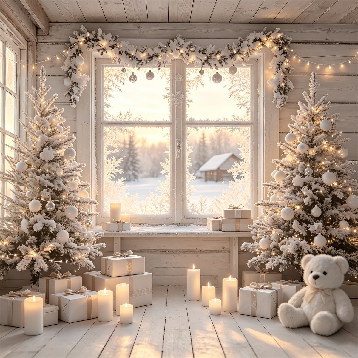 Weihnachtshütten-Kulisse Zimmer Mit Weißem Mattiertem Fenster Weihnachtsfotohintergrund ZTT69-20