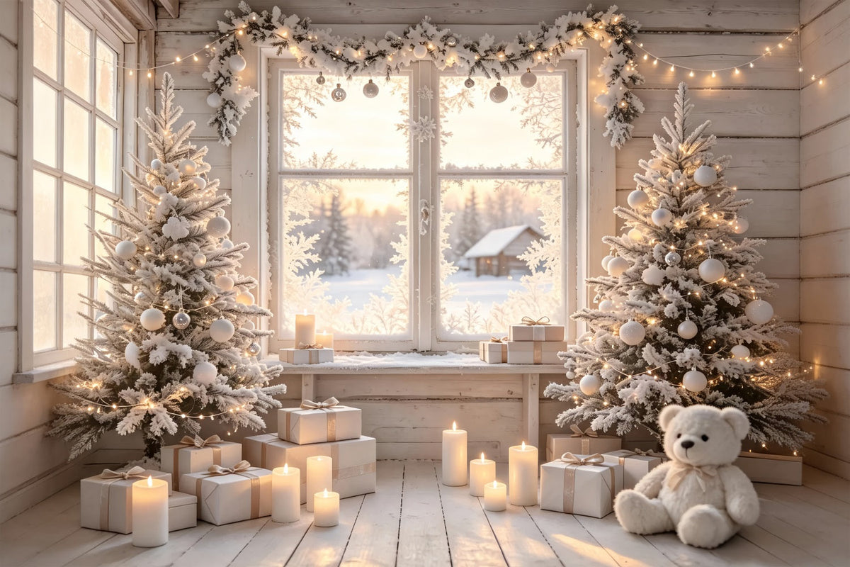 Weihnachtshütten-Kulisse Zimmer Mit Weißem Mattiertem Fenster Weihnachtsfotohintergrund ZTT69-20