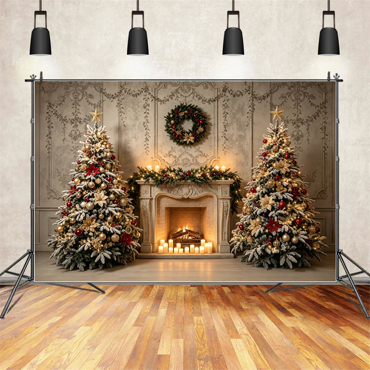 Weihnachts-Wohnzimmer-Hintergrund Elegante Kaminbaum-Dekoration Große Weihnachtskulisse ZTT69-24