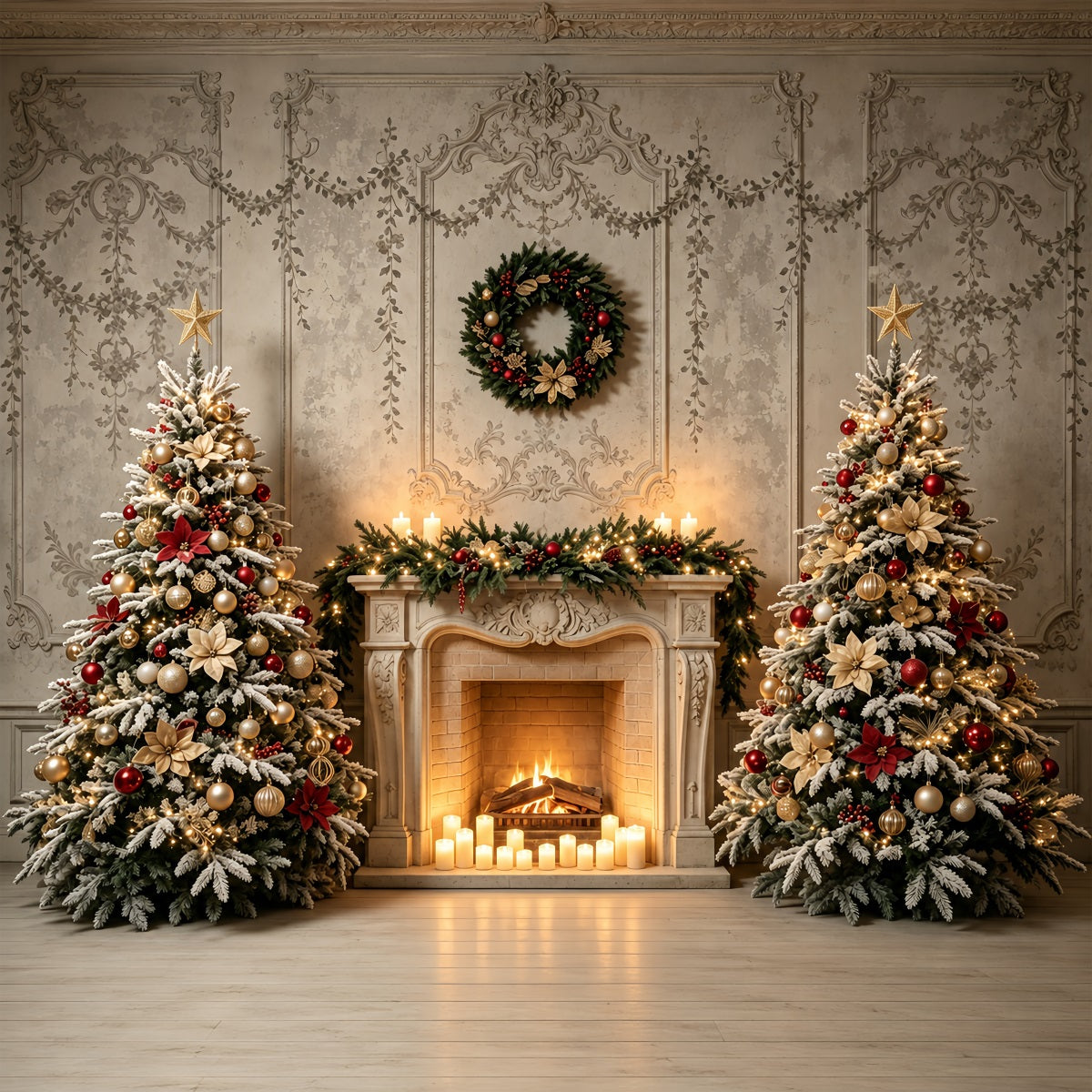 Weihnachts-Wohnzimmer-Hintergrund Elegante Kaminbaum-Dekoration Große Weihnachtskulisse ZTT69-24