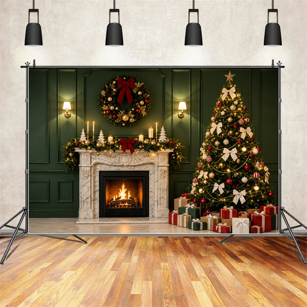 Grüne Weihnachtskulisse Grüner Kaminbaum-Dekor Weihnachts-Fotohintergründe ZTT69-28