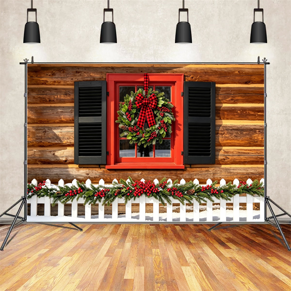 Ländliche Weihnachtskulisse Rustikaler Hüttenkranz Für Fenster Weihnachts-Wandhintergründe ZTT69-29