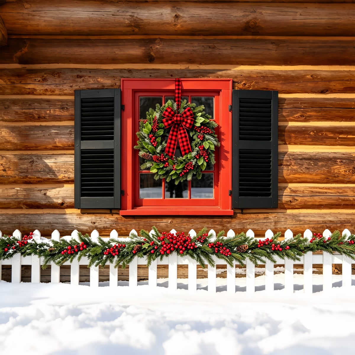 Ländliche Weihnachtskulisse Rustikaler Hüttenkranz Für Fenster Weihnachts-Wandhintergründe ZTT69-29