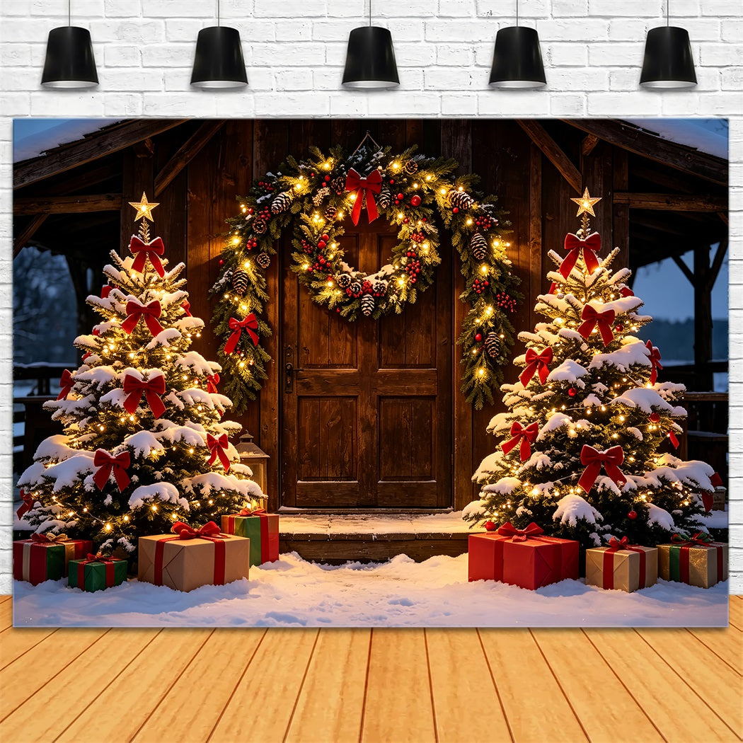 Weihnachts-Scheunentor-Hintergrund Rustikaler, Verschneiter Hütteneingang Weihnachtsfotohintergrund ZTT69-31